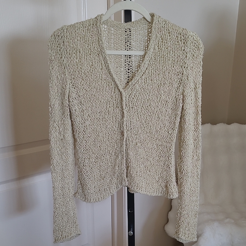 Cream Open-Knit Crochet Cardigan Sweater Size S